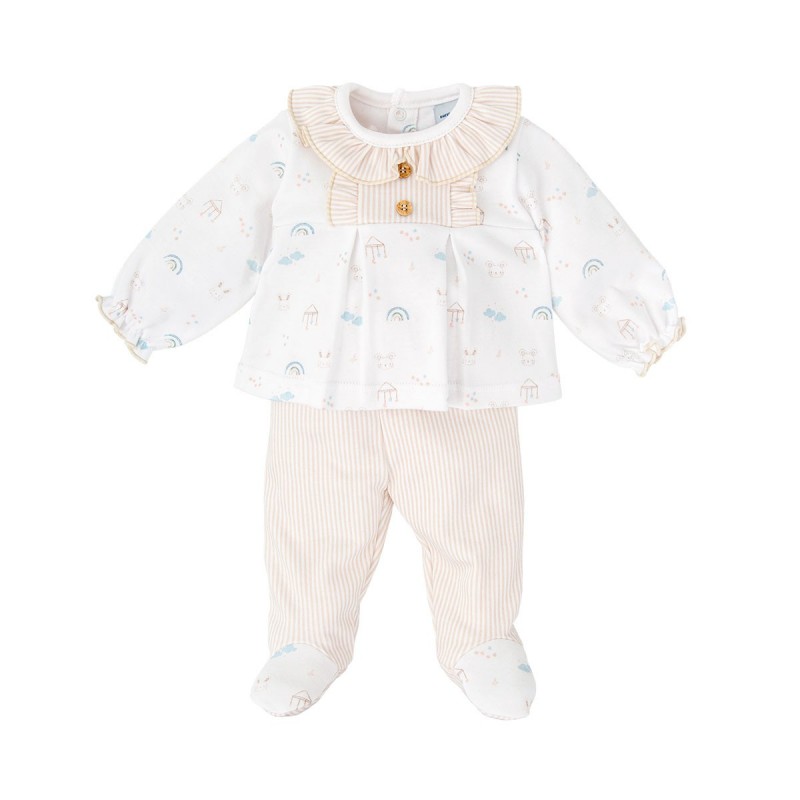 Conjunto Para Bebé Niña De Manga Larga Con Volante Y Polaina - Algodón Natural, Hecho En España